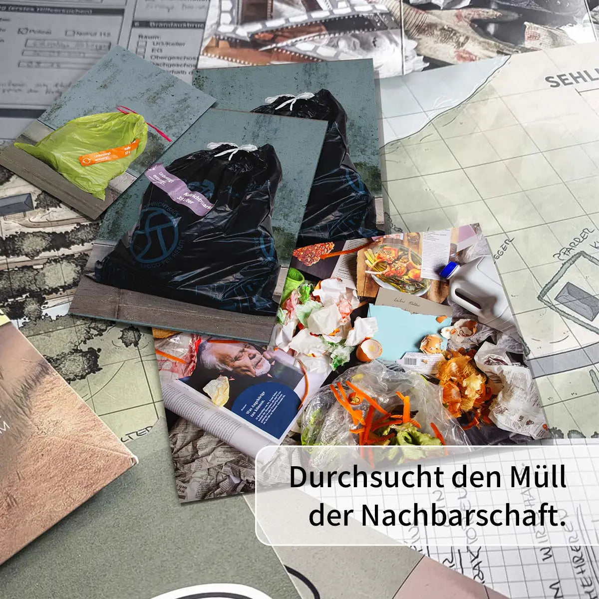 Collage aus Müllsäcken und Dokumenten mit dem Text Durchsucht den Müll der Nachbarschaft