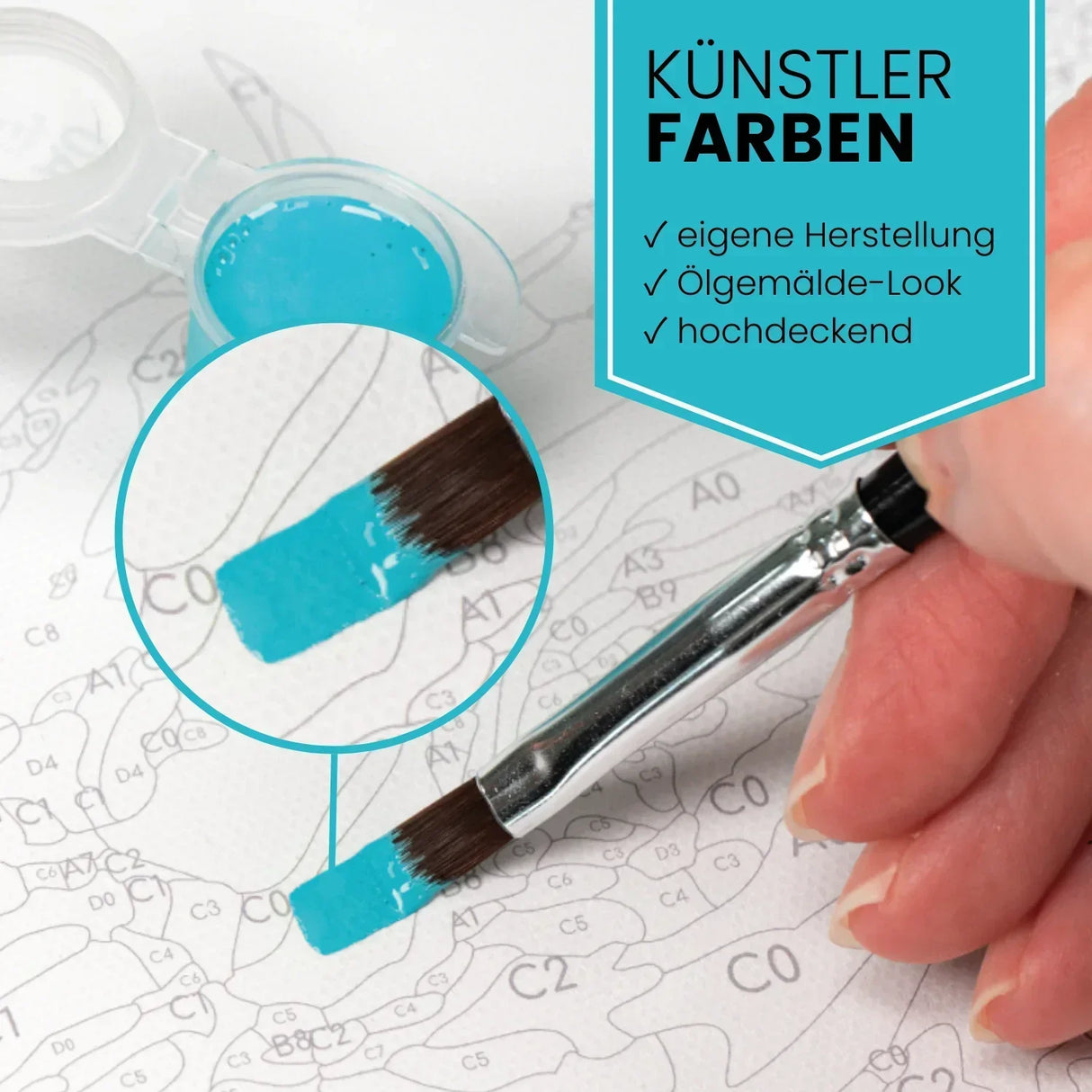 Nahaufnahme eines Pinsels, der blaue Farbe auf eine nummerierte Leinwand aufträgt