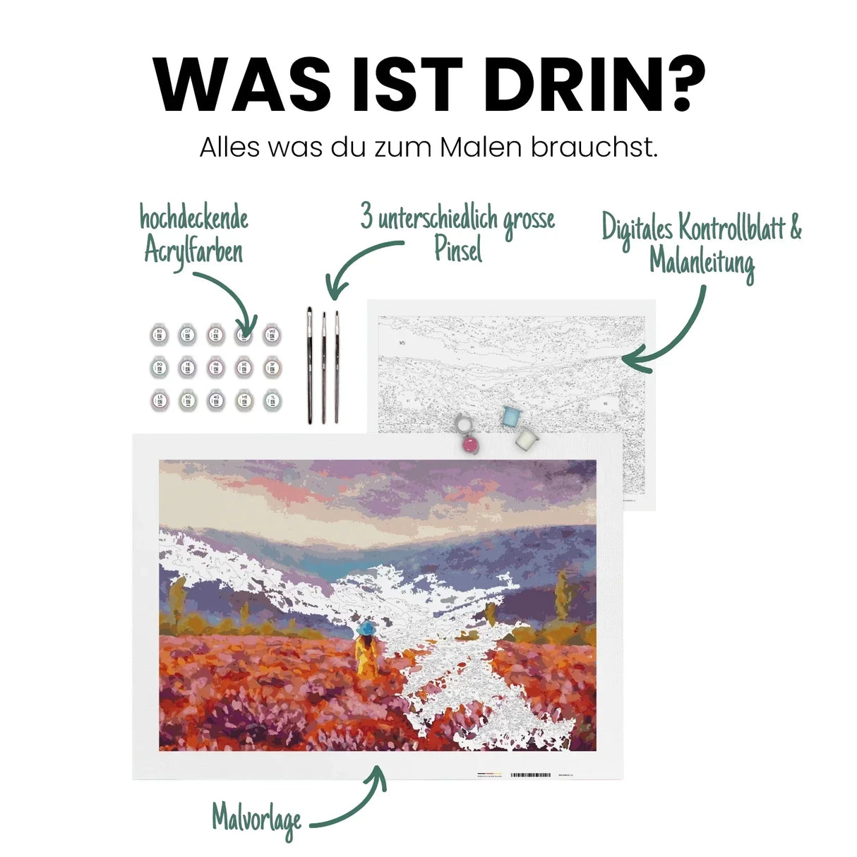 Was ist drin? Alles was du zum Malen brauchst. Hochdeckende Acrylfarben, 3 unterschiedlich große Pinsel, digitales Kontrollblatt & Malanleitung, Malvorlage