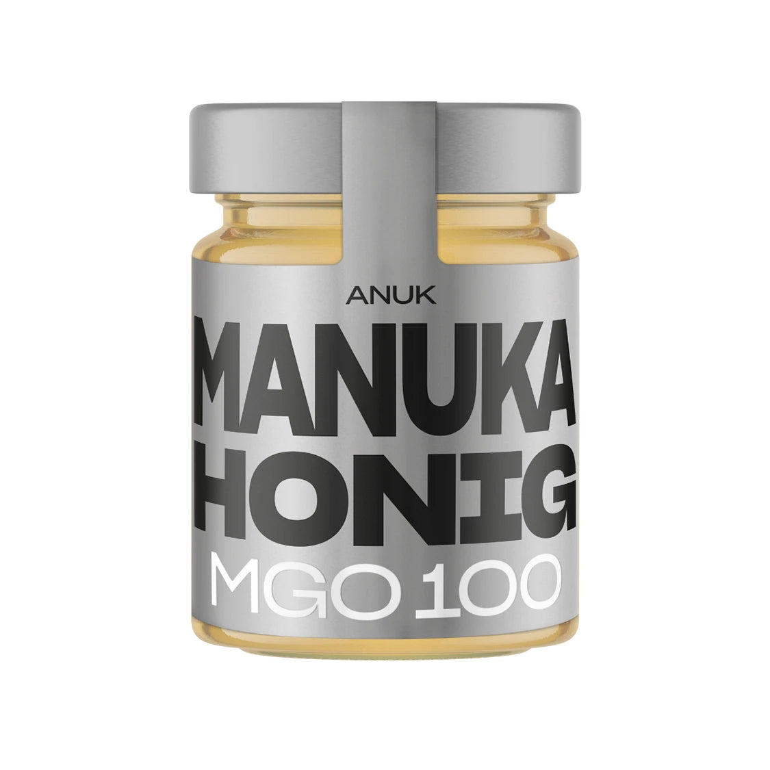 Anuk Manuka Honig MGO 100 Glasgefäß mit silbernem Etikett und Deckel