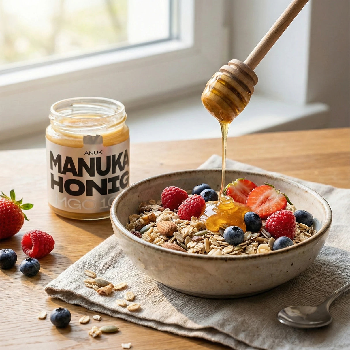 Manuka Honig Glas neben einer Schüssel Müsli mit Beeren und Honig, der von einem Honiglöffel tropft