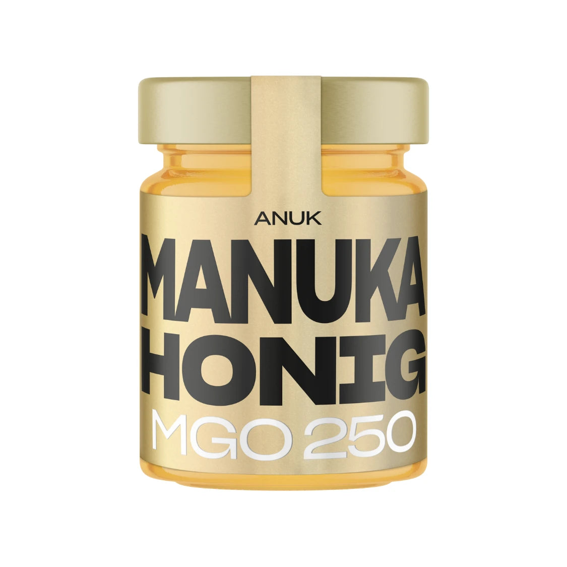 Anuk Manuka Honig MGO 250 Glasgefäß mit goldener Kappe und Etikett