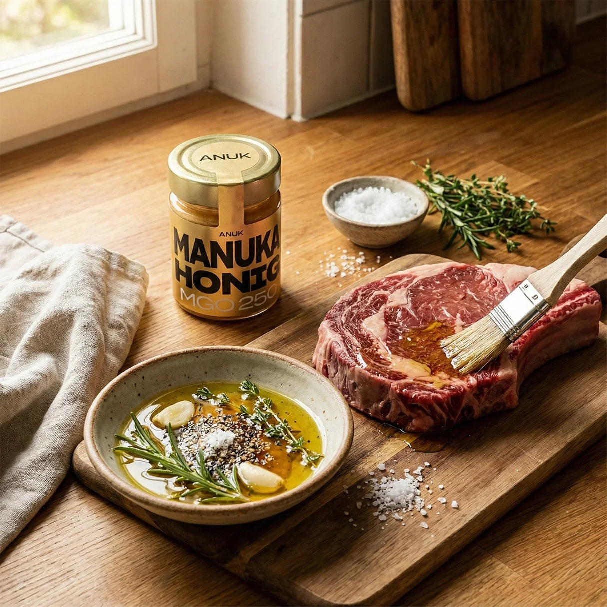 Rohes Steak auf Holzbrett mit Pinsel, Schale mit Öl, Knoblauch, Rosmarin, Honigglas und Salz