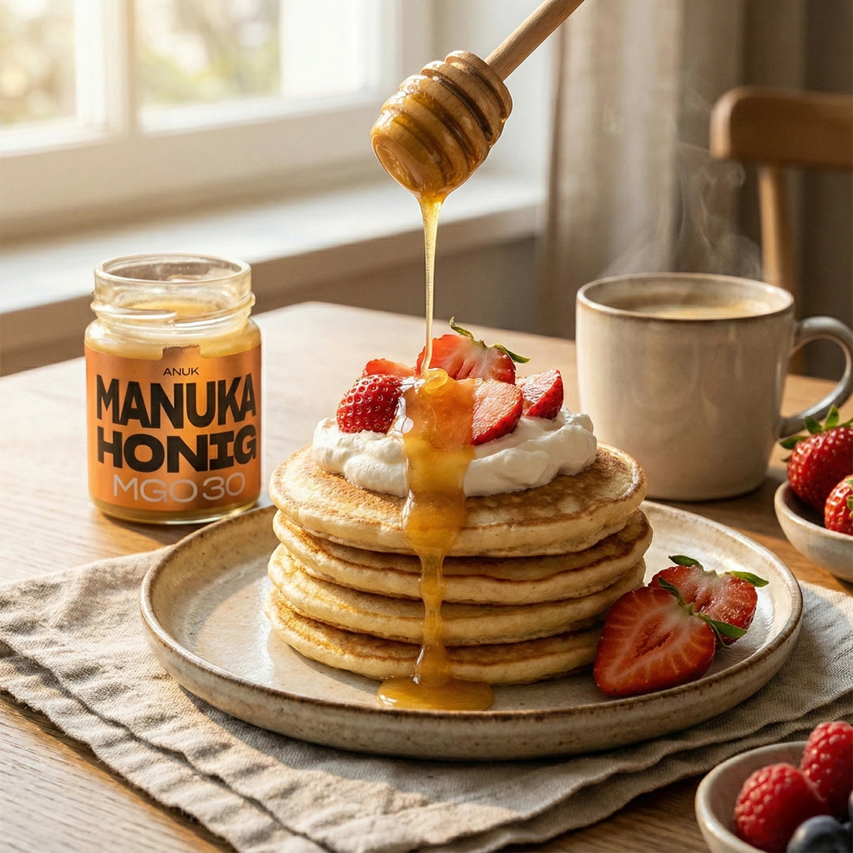 Manuka Honig MGO30 Glas neben Pfannkuchen mit Erdbeeren, Sahne und Honig