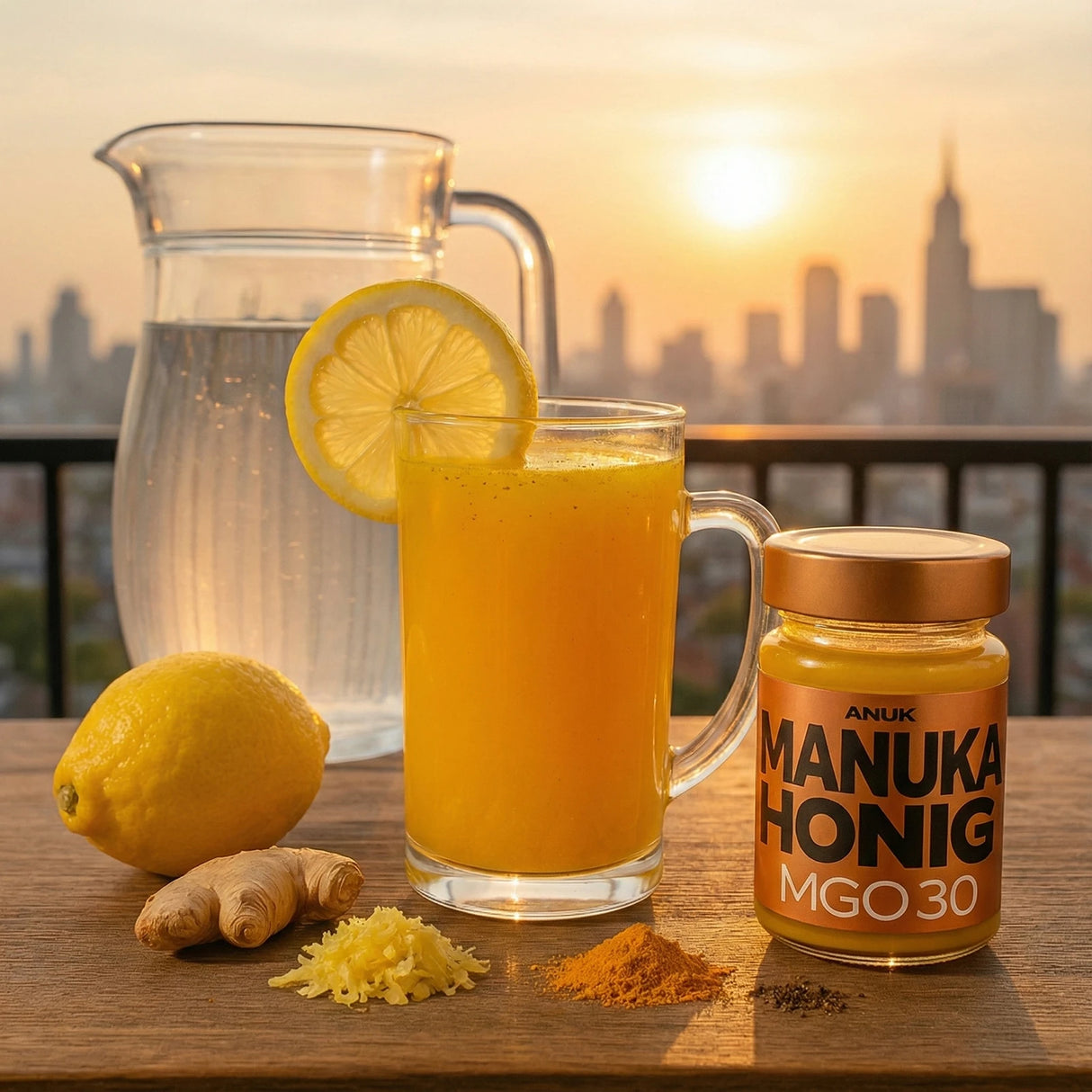 Manuka Honig MGO 30 Glas, Zitrone, Ingwer, Kurkuma und ein Glas mit gelbem Getränk