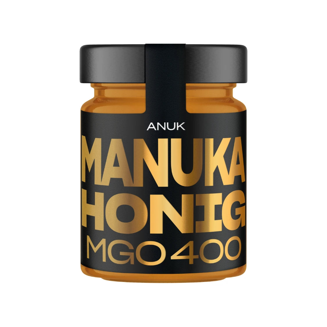 Anuk Manuka Honig MGO 400 Glas mit schwarzem Etikett und goldener Schrift