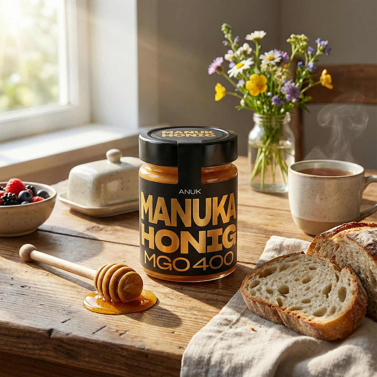 Manuka Honig Glas auf Holztisch mit Honiglöffel, Brot, Beeren und Tee