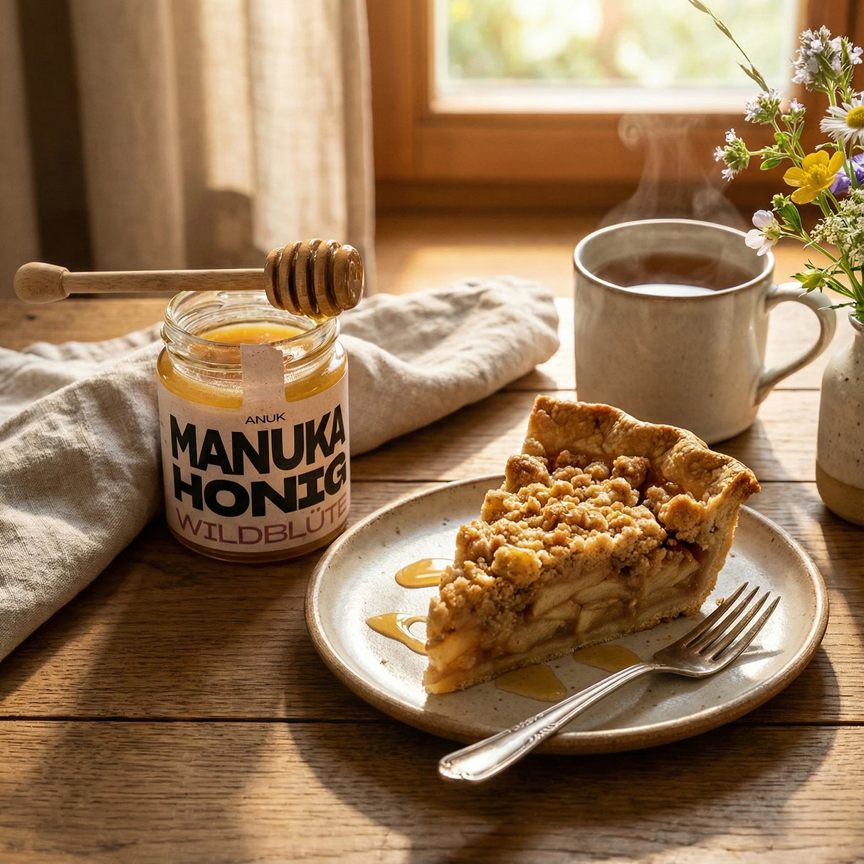Ein Stück Apfelkuchen mit Streuseln auf einem Teller, daneben ein Glas Manuka Honig und eine Tasse Tee