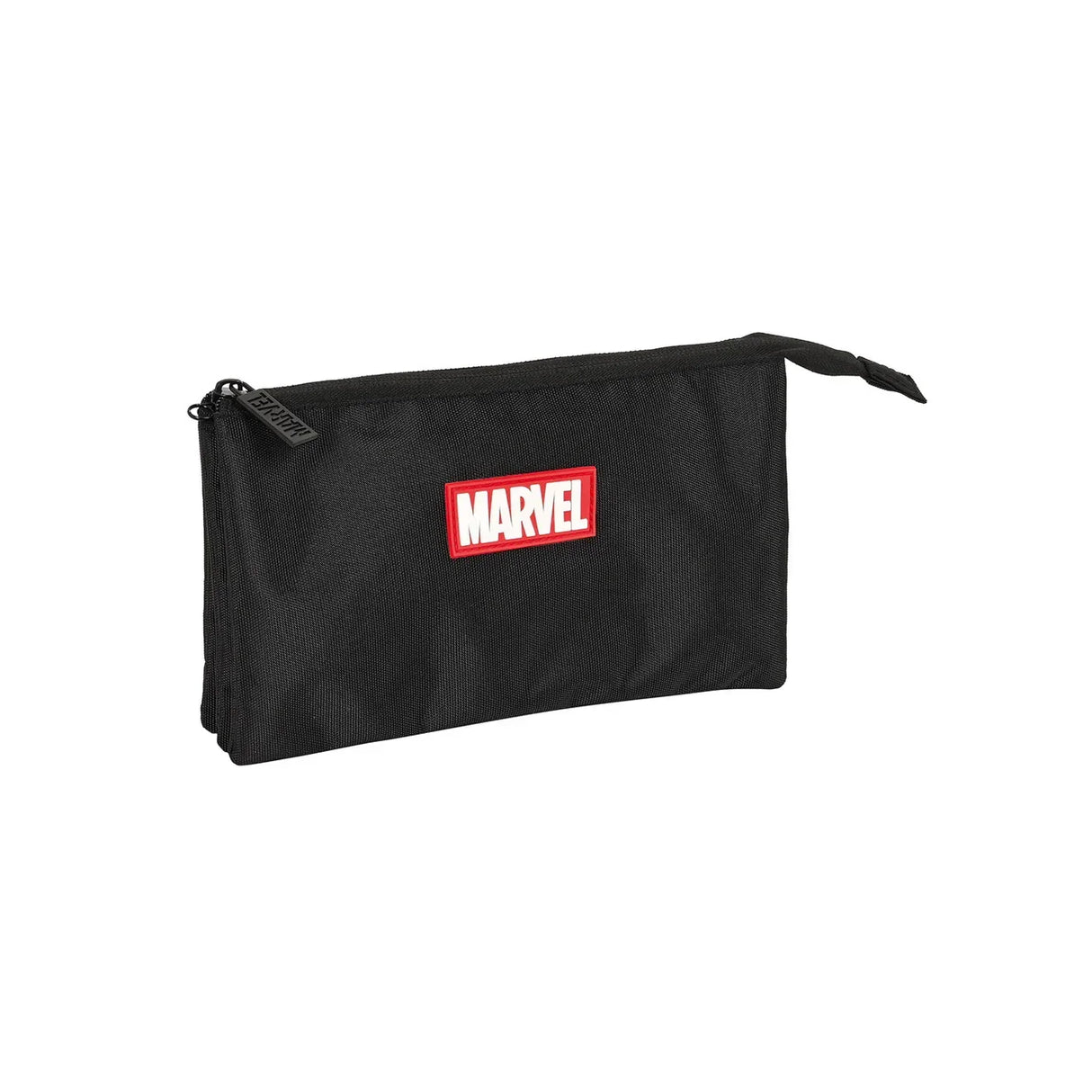 Schwarzes Federmäppchen mit rotem Marvel Logo Aufnäher