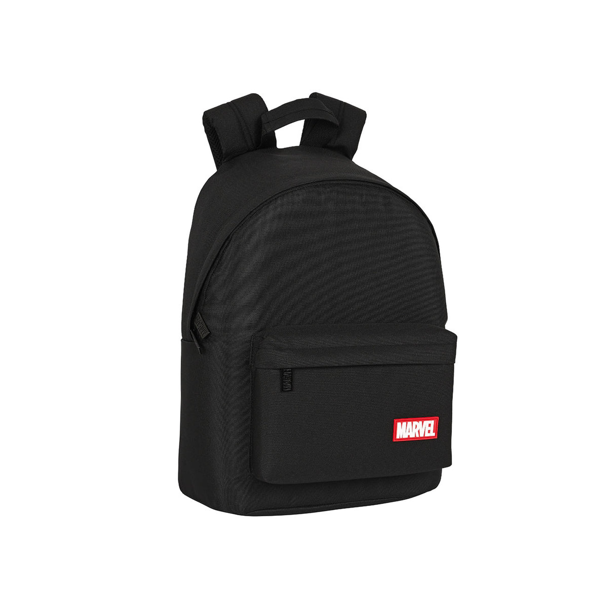 Schwarzer Rucksack mit Marvel Logo auf der Vordertasche