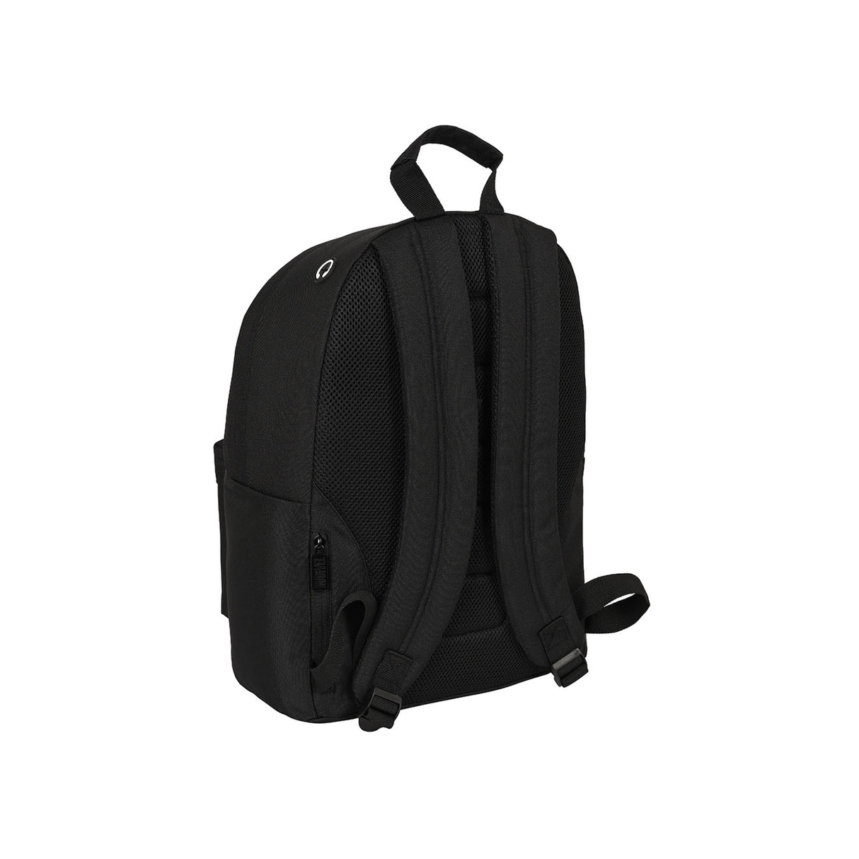 Schwarzer Rucksack von hinten mit gepolsterten Tragegurten und Netzrücken