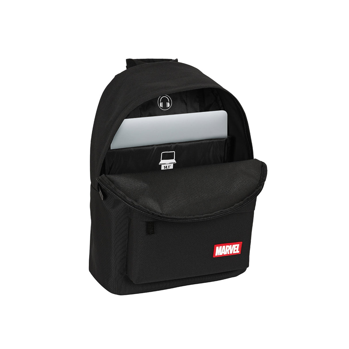 Schwarzer Rucksack mit Marvel Logo und Laptopfach für 14 Zoll Geräte