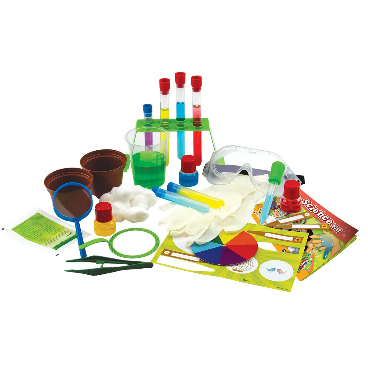 Wissenschaftskit mit Reagenzgläsern, Becherglas, Schutzbrille, Handschuhen, Pinzette, Lupe und Pflanztöpfen