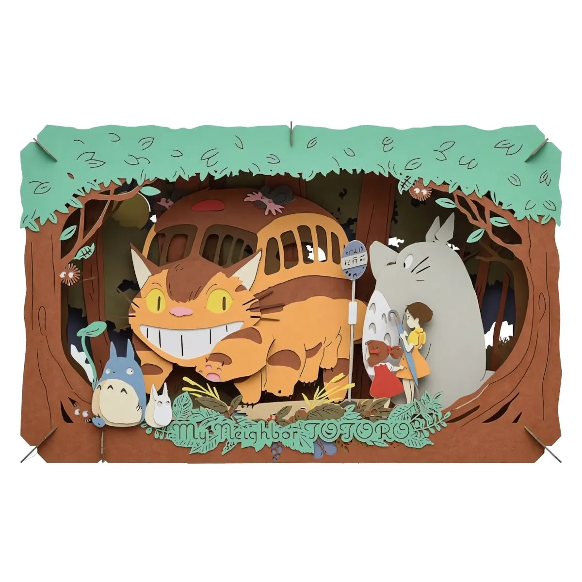 Mein Nachbar Totoro 3D-Papierkunstwerk mit Catbus, Totoro und Kindern an einer Bushaltestelle im Wald