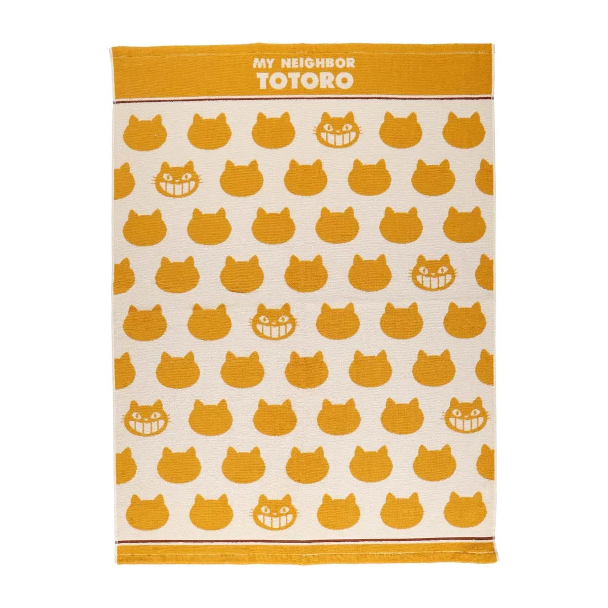 Gelbes und cremefarbenes Handtuch mit Katzenmuster und Totoro-Schriftzug