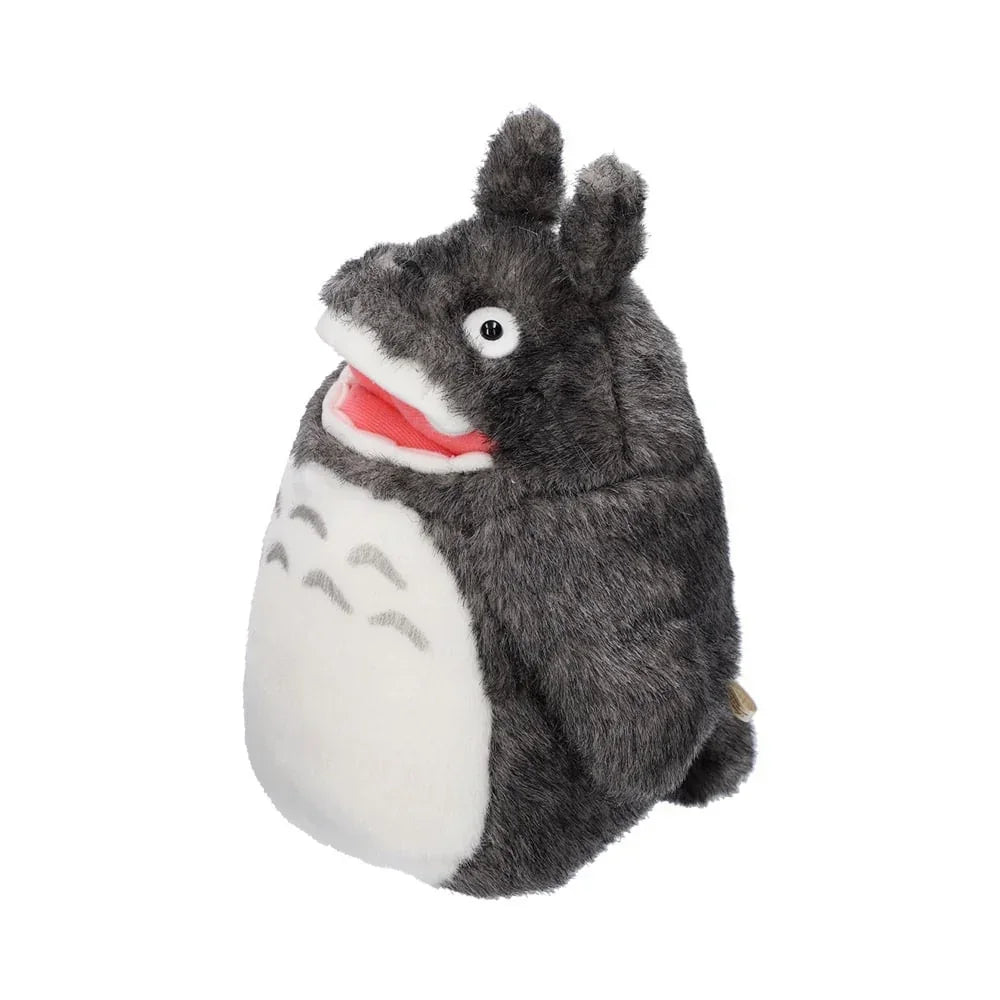 Totoro Plüschtier in Grau und Weiß mit offenem Mund