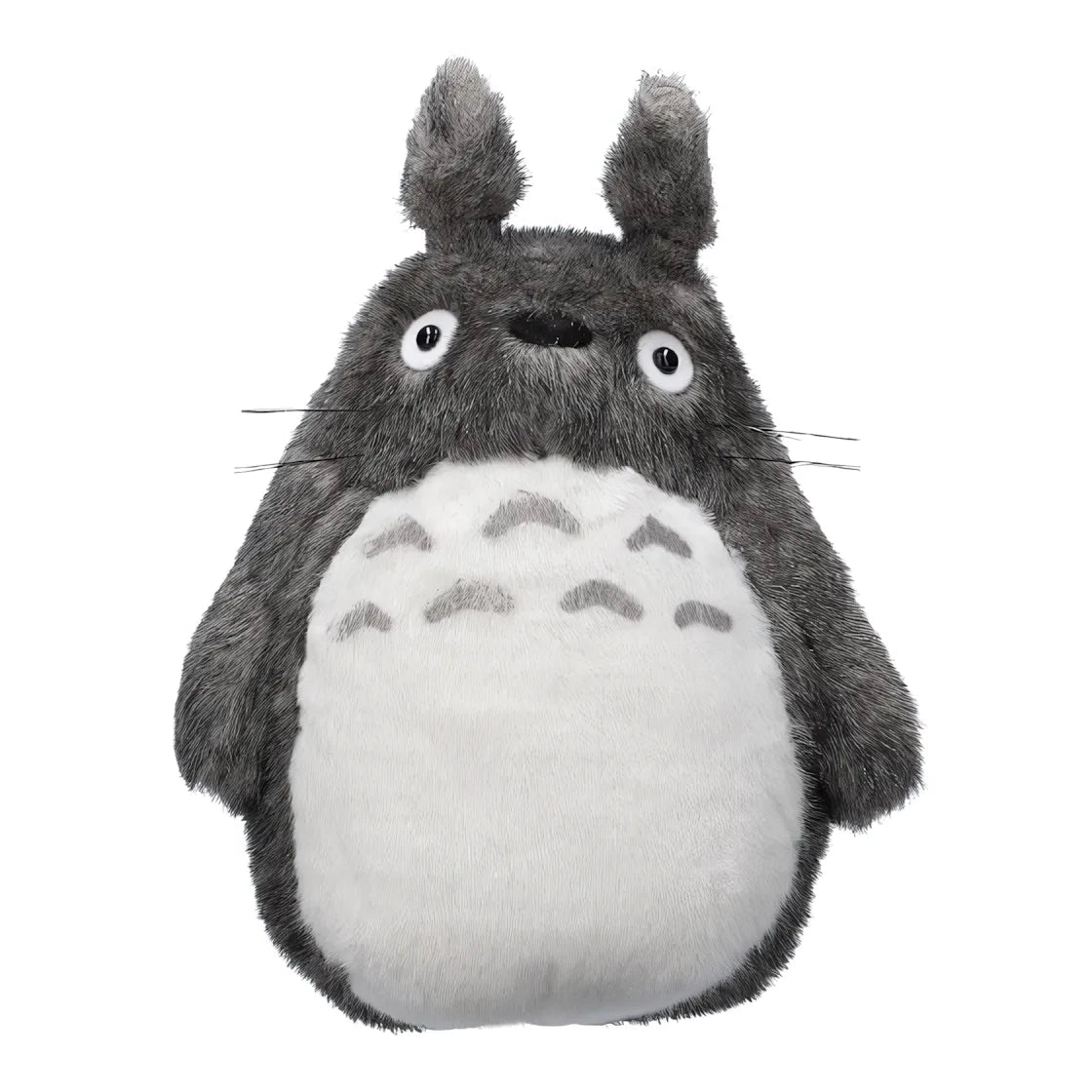 Graues Totoro Plüschtier mit weißem Bauch und grauen Markierungen
