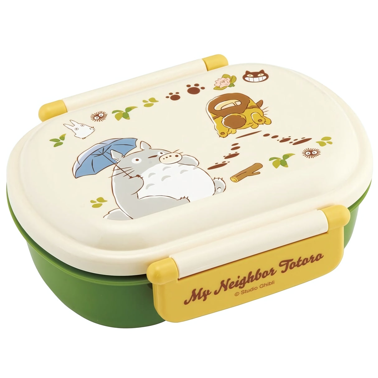 Grüne und cremefarbene Brotdose mit Totoro-Motiv und gelben Verschlüssen