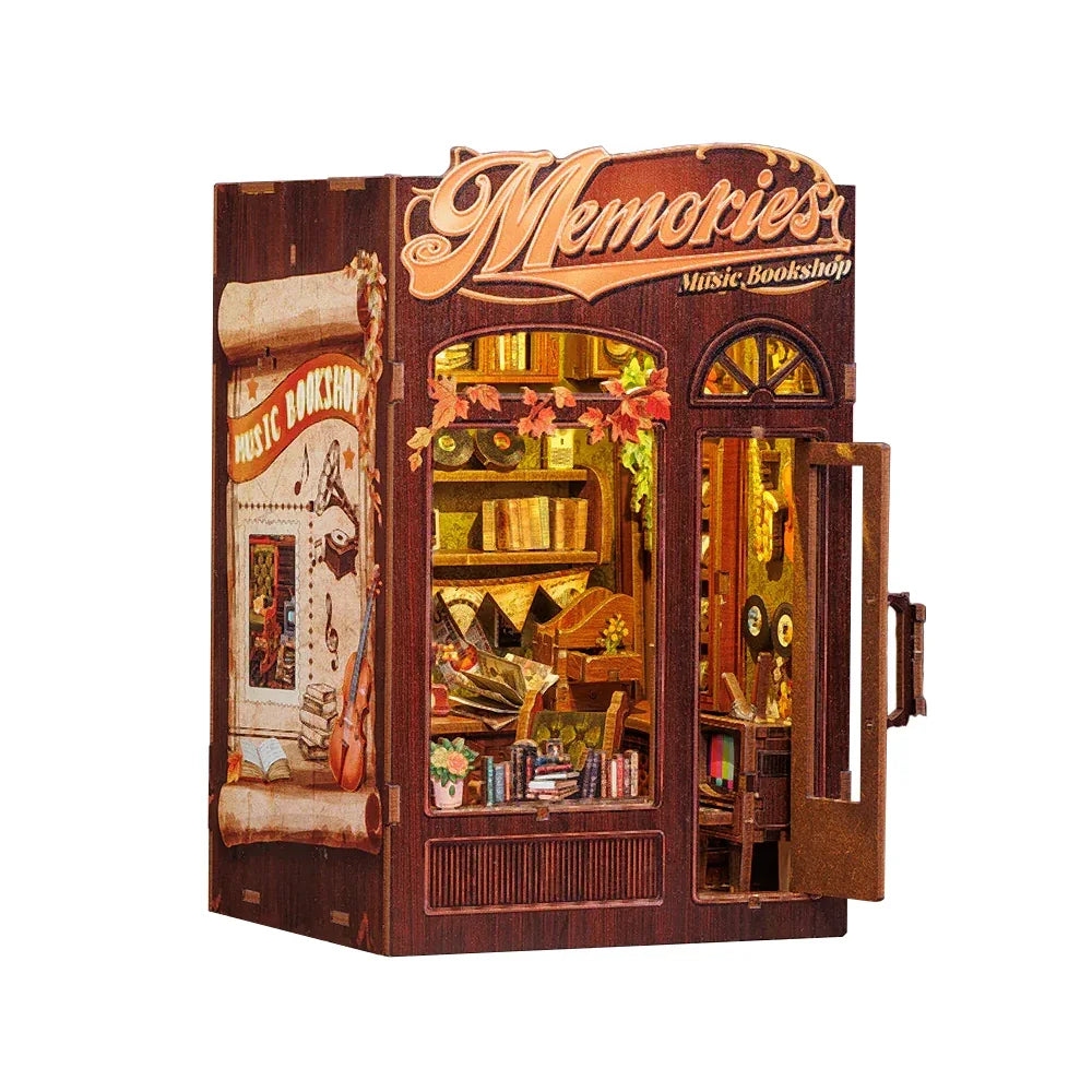 Miniatur-Buchladen-Diorama mit dem Titel Memories Music Bookshop