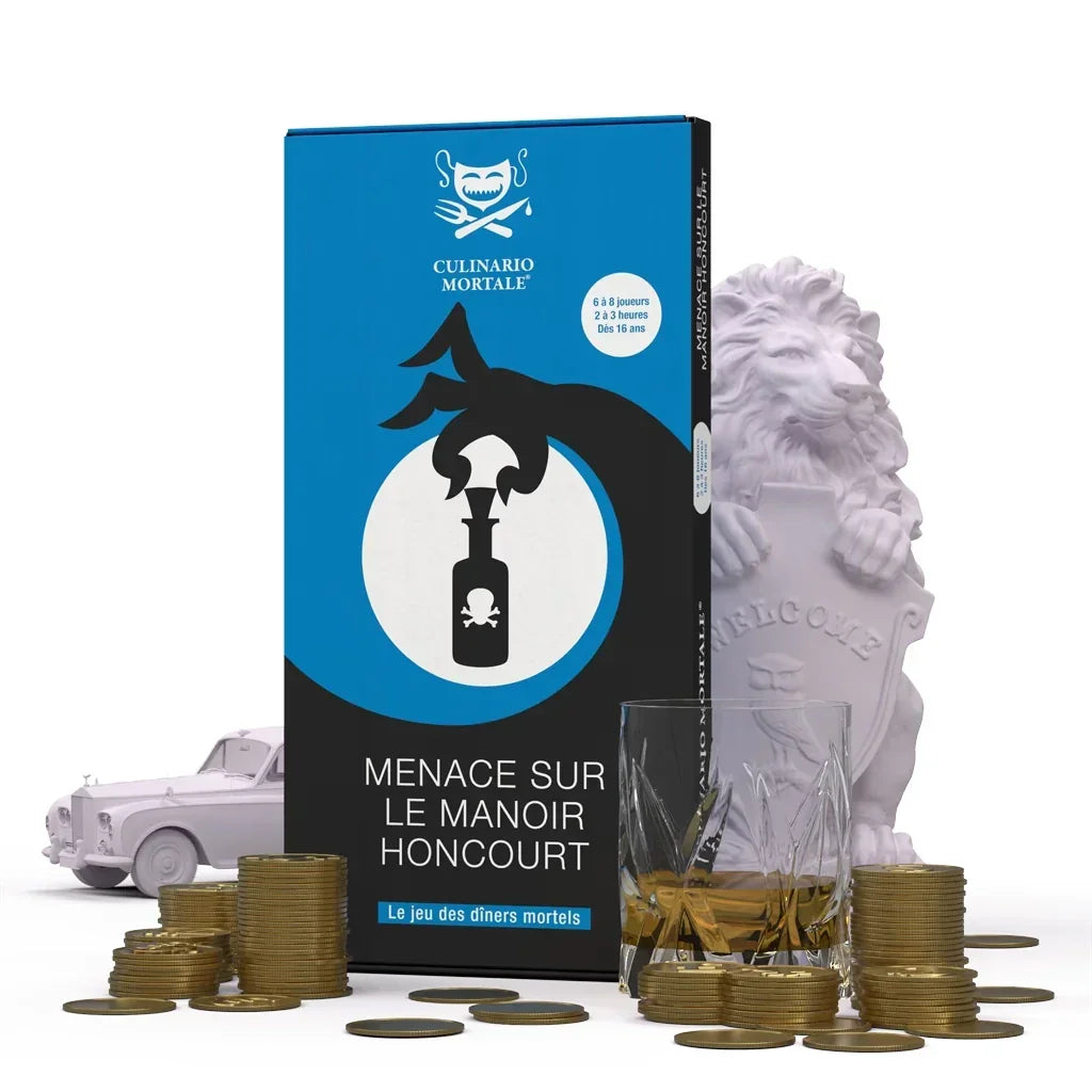Culinario Mortale Spielbox mit Totenkopf-Symbol, umgeben von Münzen, einem Auto und einer Löwenstatue
