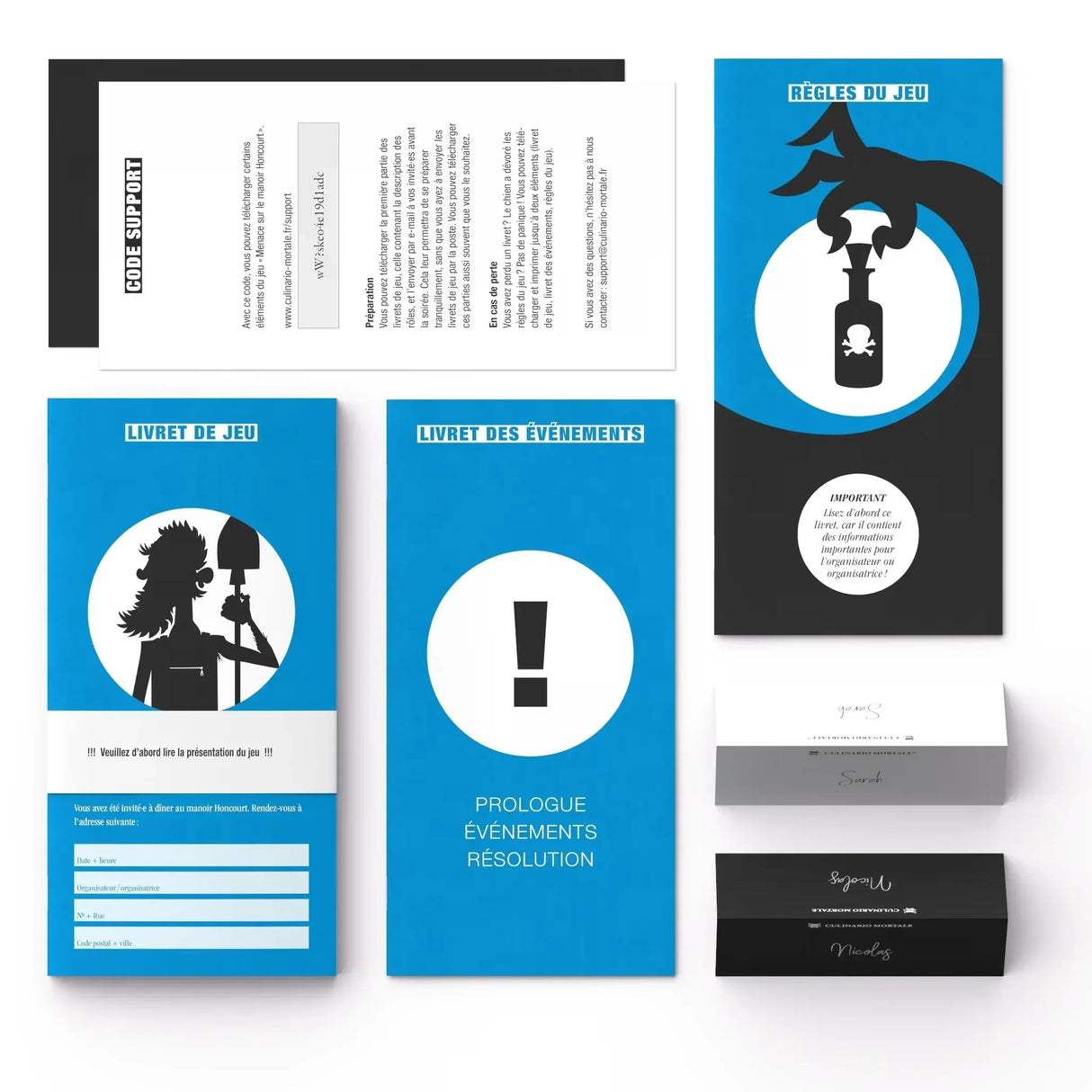 Draufsicht auf ein Set von Culinaris Mortale, mit Spielanleitung, Event-Booklet und Einladungen