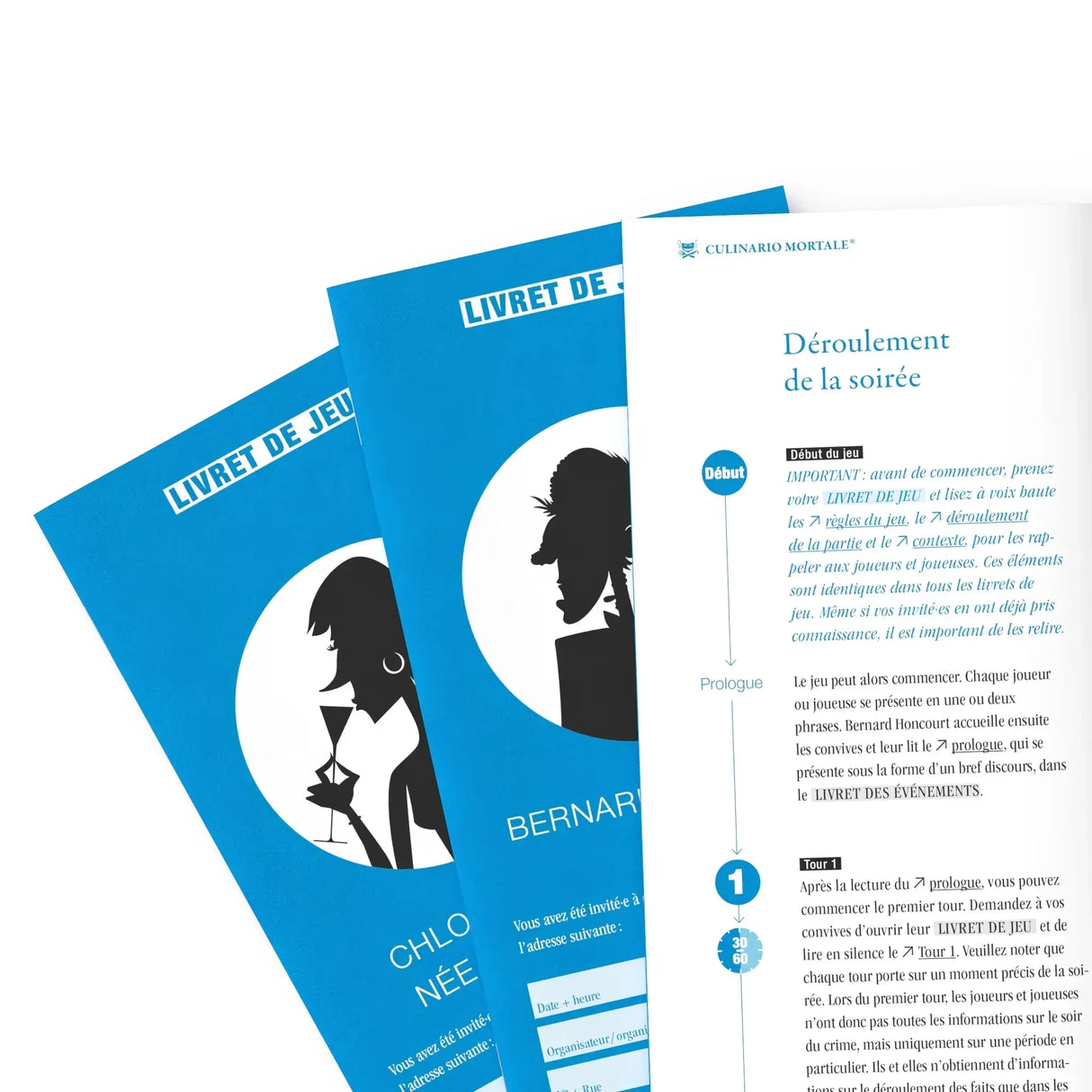 Zwei blaue Broschüren mit schwarzen Silhouetten und Text auf Französisch, daneben eine weiße Seite mit französischem Text