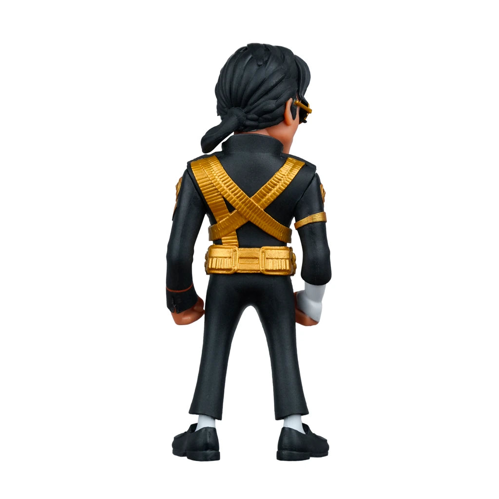 Rückansicht einer Michael Jackson Figur in schwarzer Uniform mit goldenen Kreuzgurten und Gürtel