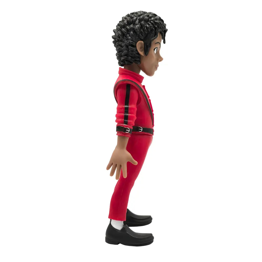 Michael Jackson Figur in rotem Overall mit schwarzen Streifen und Gürtel, schwarze Schuhe
