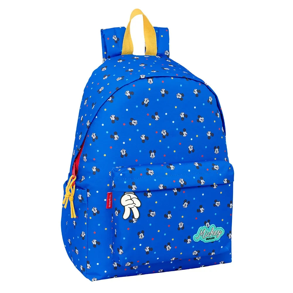 Blauer Rucksack mit Mickey-Maus-Muster und gelben Akzenten