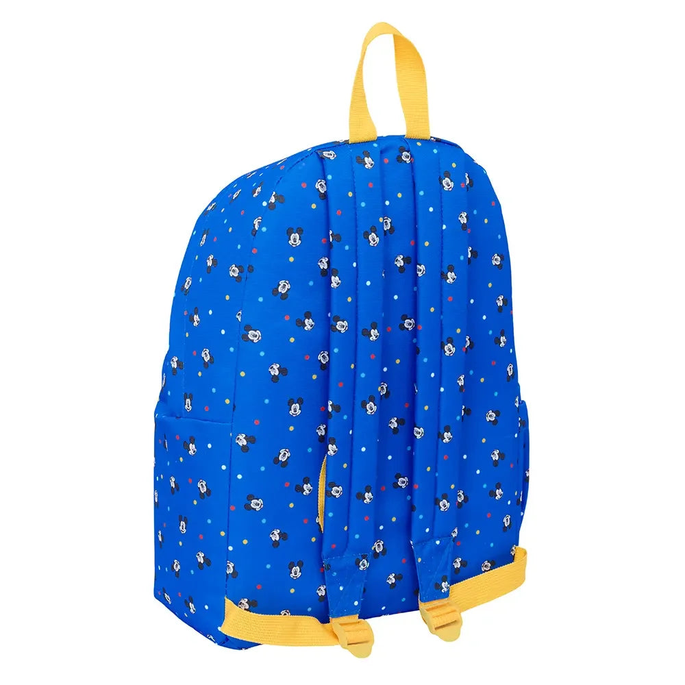 Blauer Rucksack mit Mickey Maus Muster und gelben Trägern