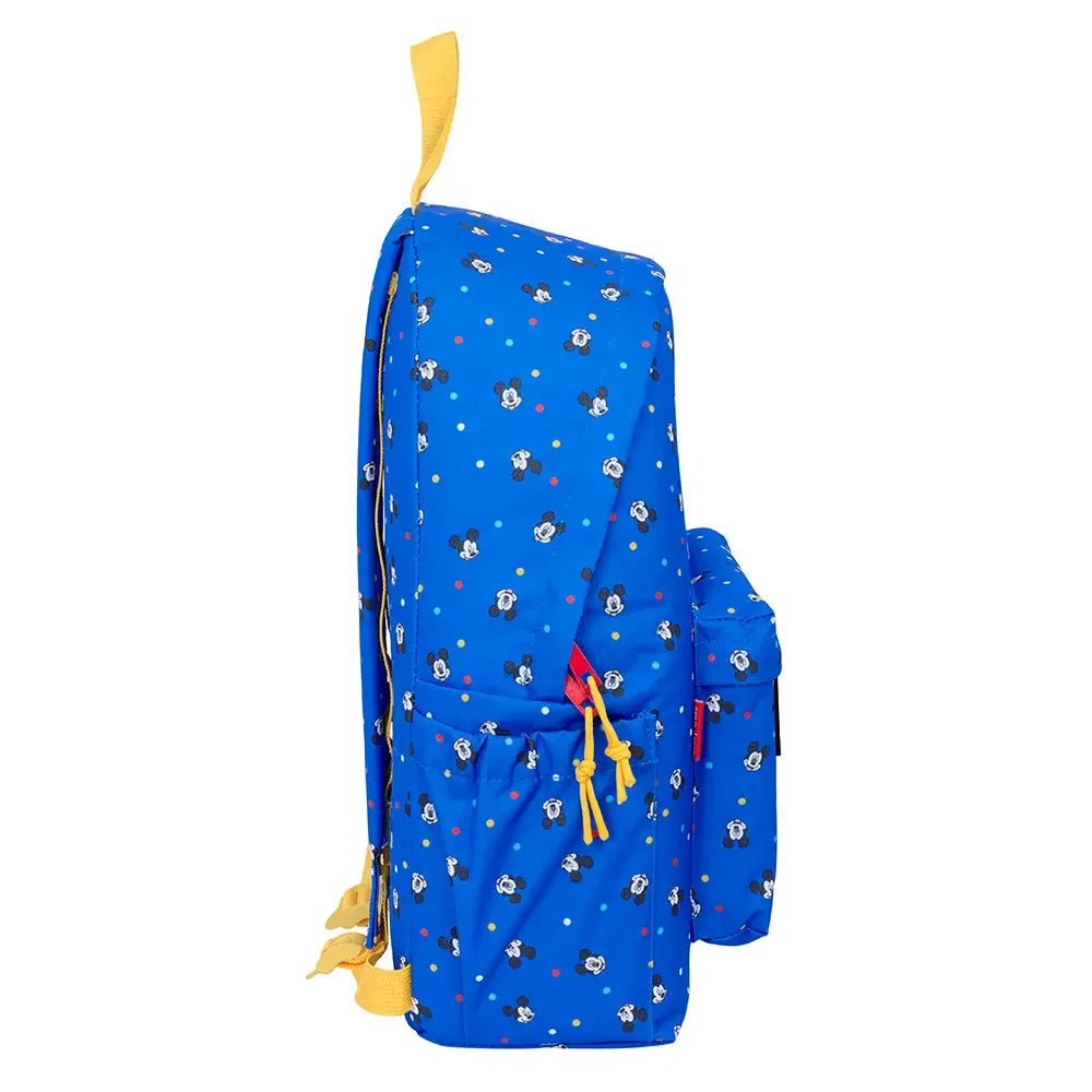 Blauer Rucksack mit Micky Maus Köpfen und bunten Punkten