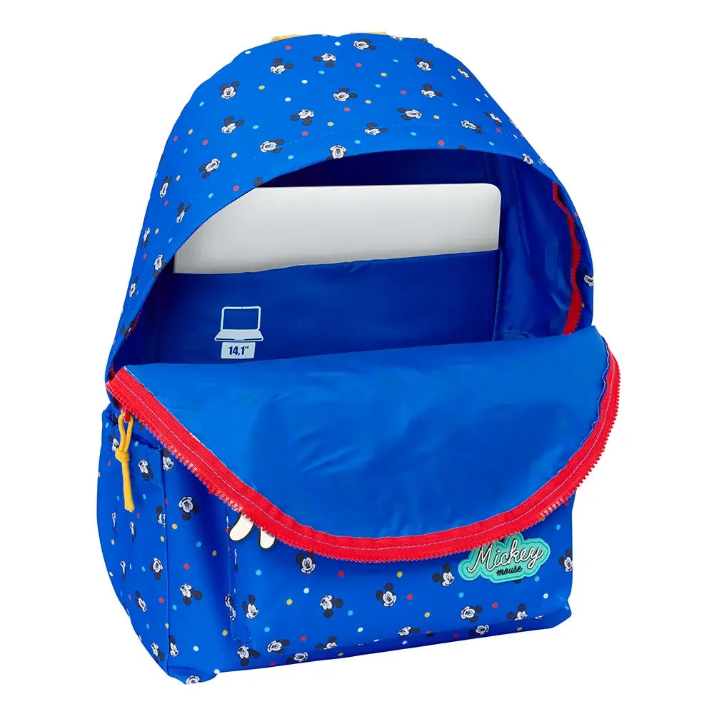 Blauer Rucksack mit Micky Maus Muster und rotem Reißverschluss, offenes Hauptfach mit Laptopfach