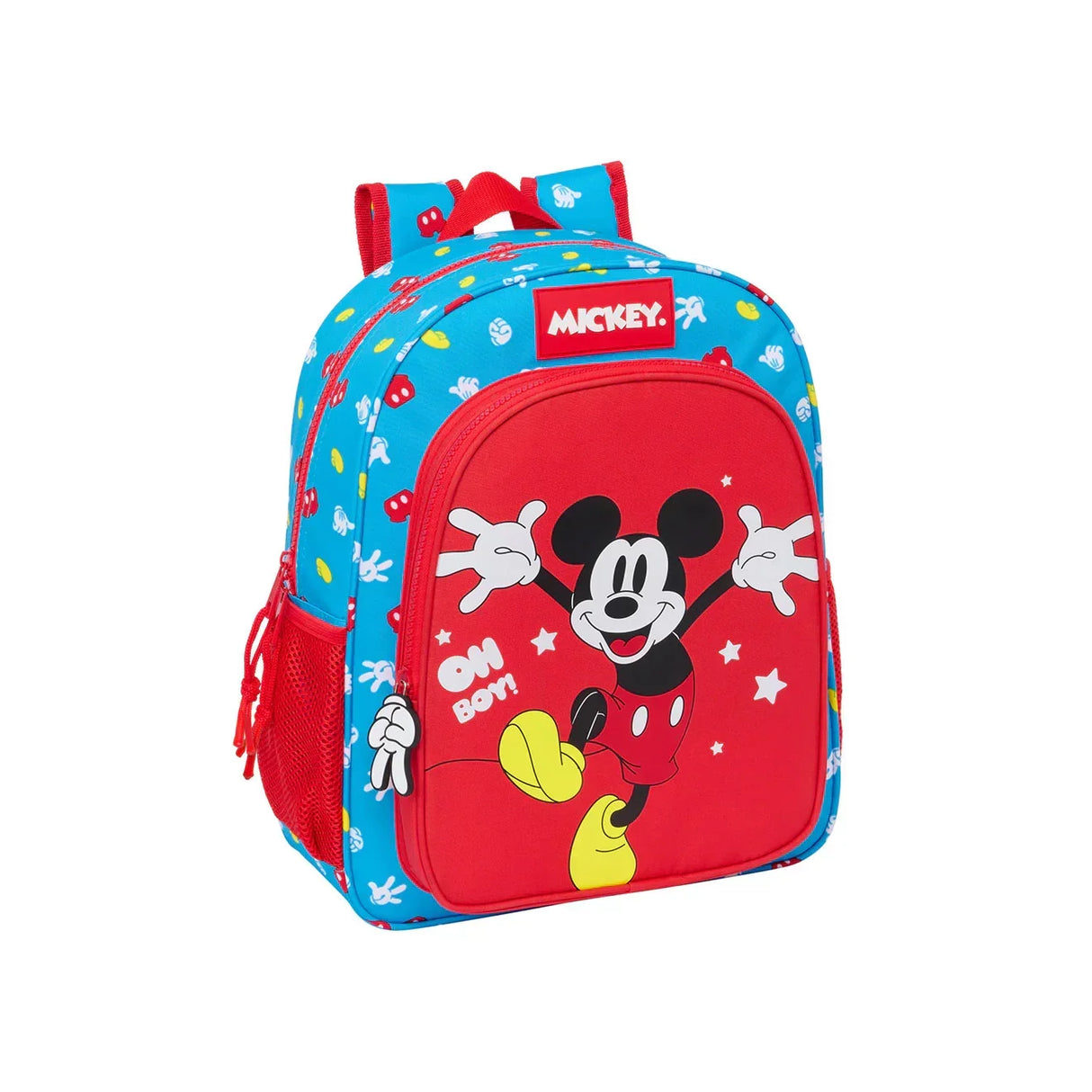 Blauer Kinderrucksack mit roter Vordertasche und Mickey Maus Motiv