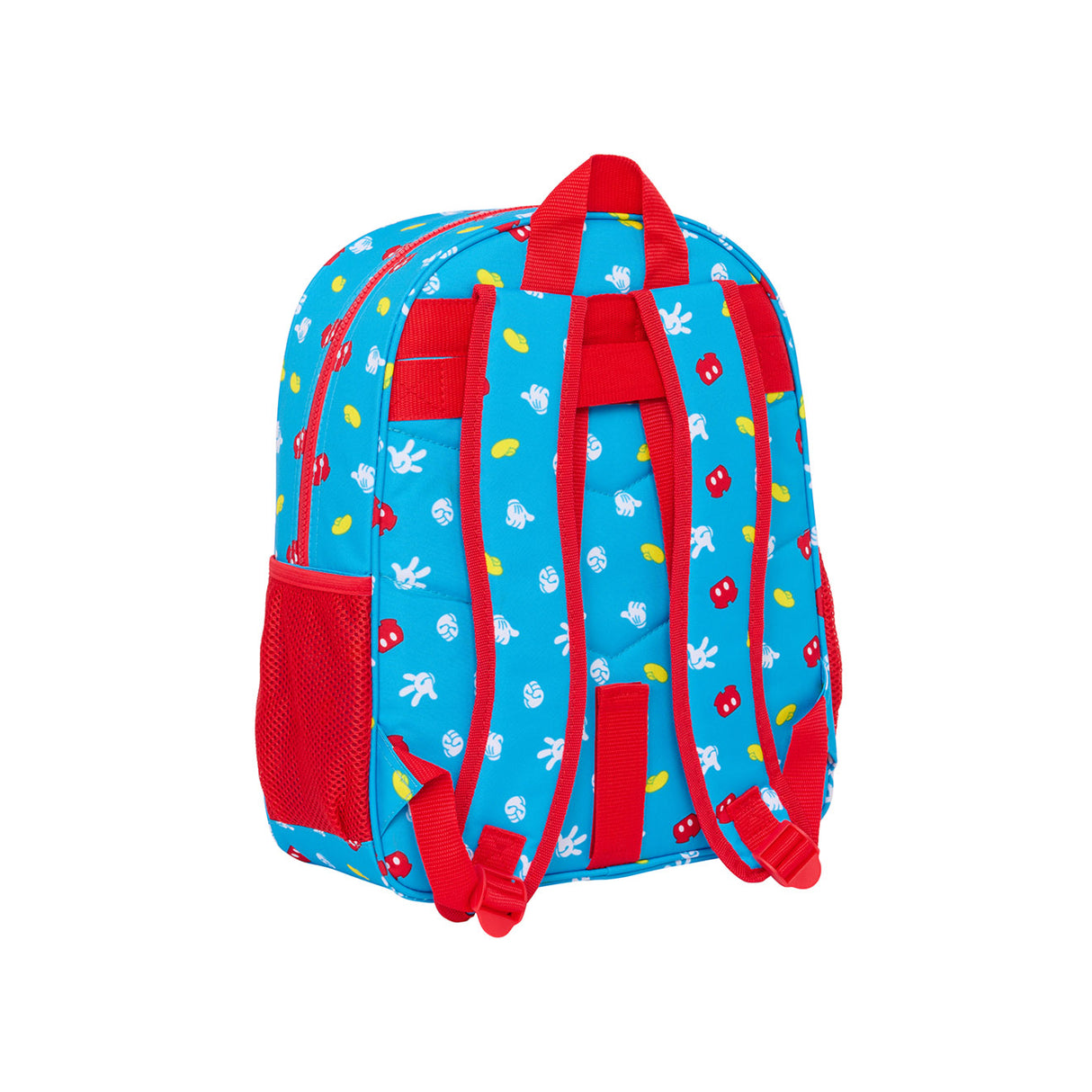 Blauer Rucksack mit Micky Maus Motiv und roten Trageriemen
