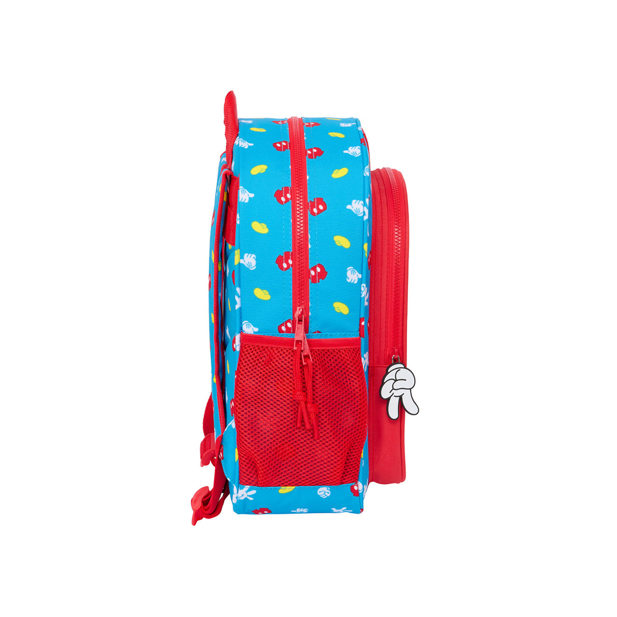 Blauer Kinderrucksack mit Micky Maus Motiv und roter Seitentasche aus Netzstoff