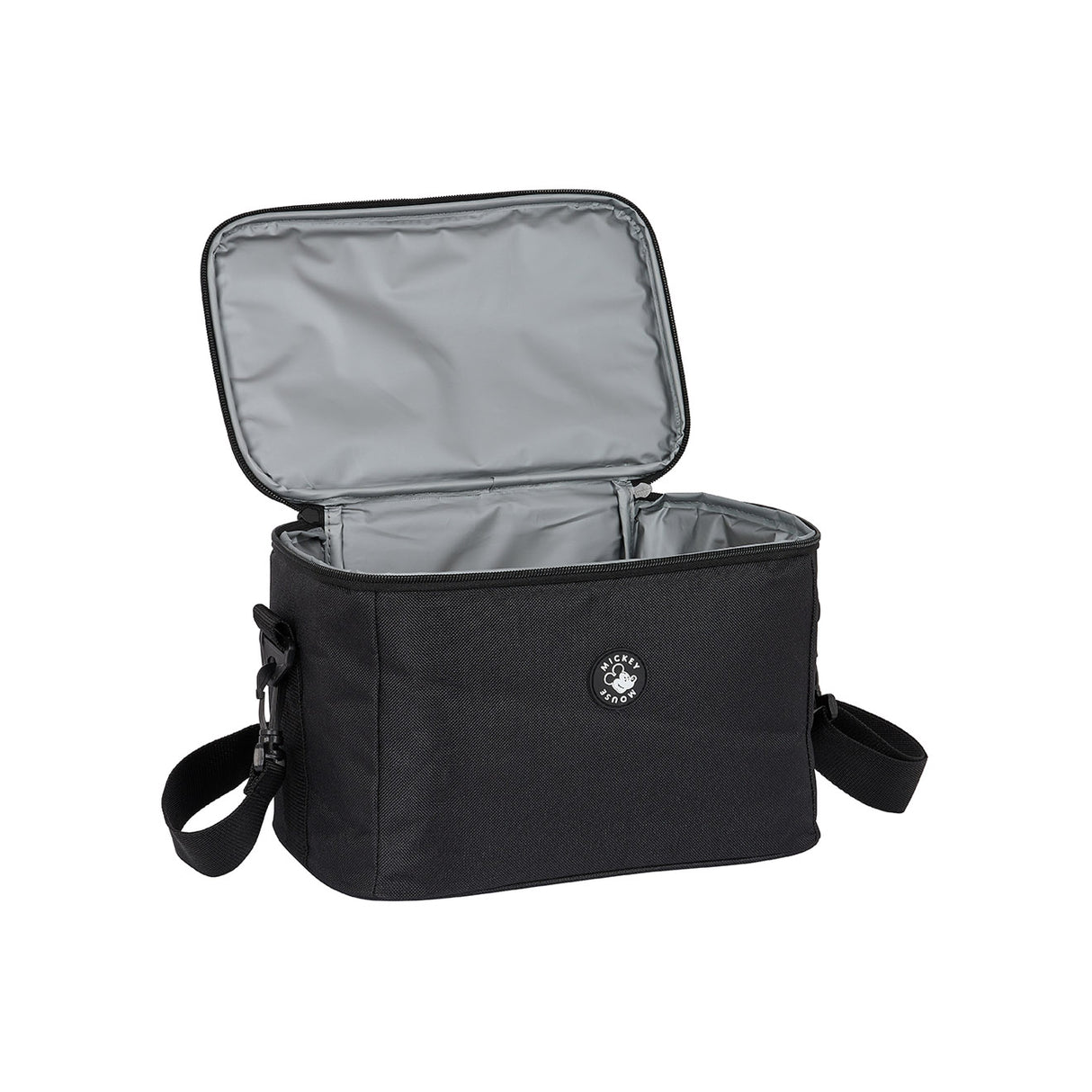 Schwarze Kühltasche mit offenem Deckel und verstellbarem Trageriemen