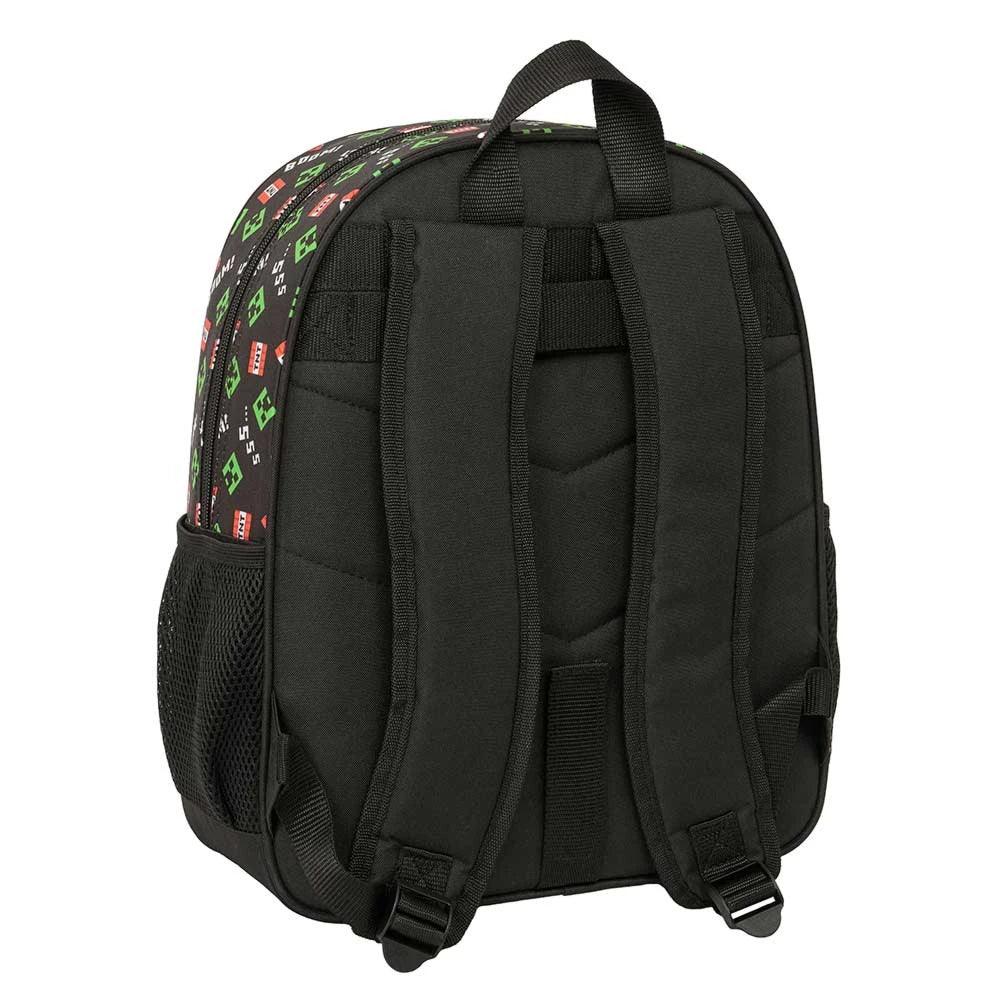 Rückseite des schwarzen Minecraft Rucksacks mit TNT und Creeper-Gesichtern