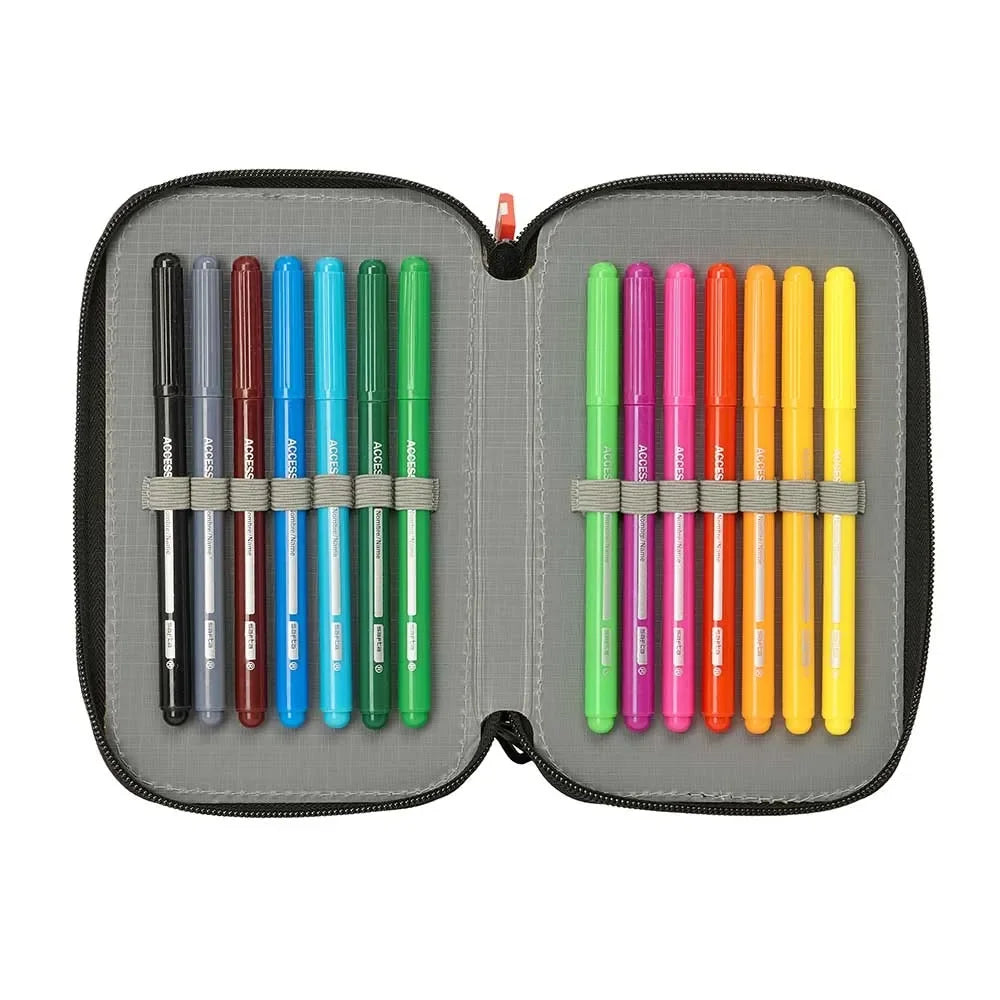 Offenes Federmäppchen mit 12 farbigen Stiften in Schwarz, Grau, Blau, Türkis, Grün, Hellgrün, Magenta, Pink, Orange, Gelb