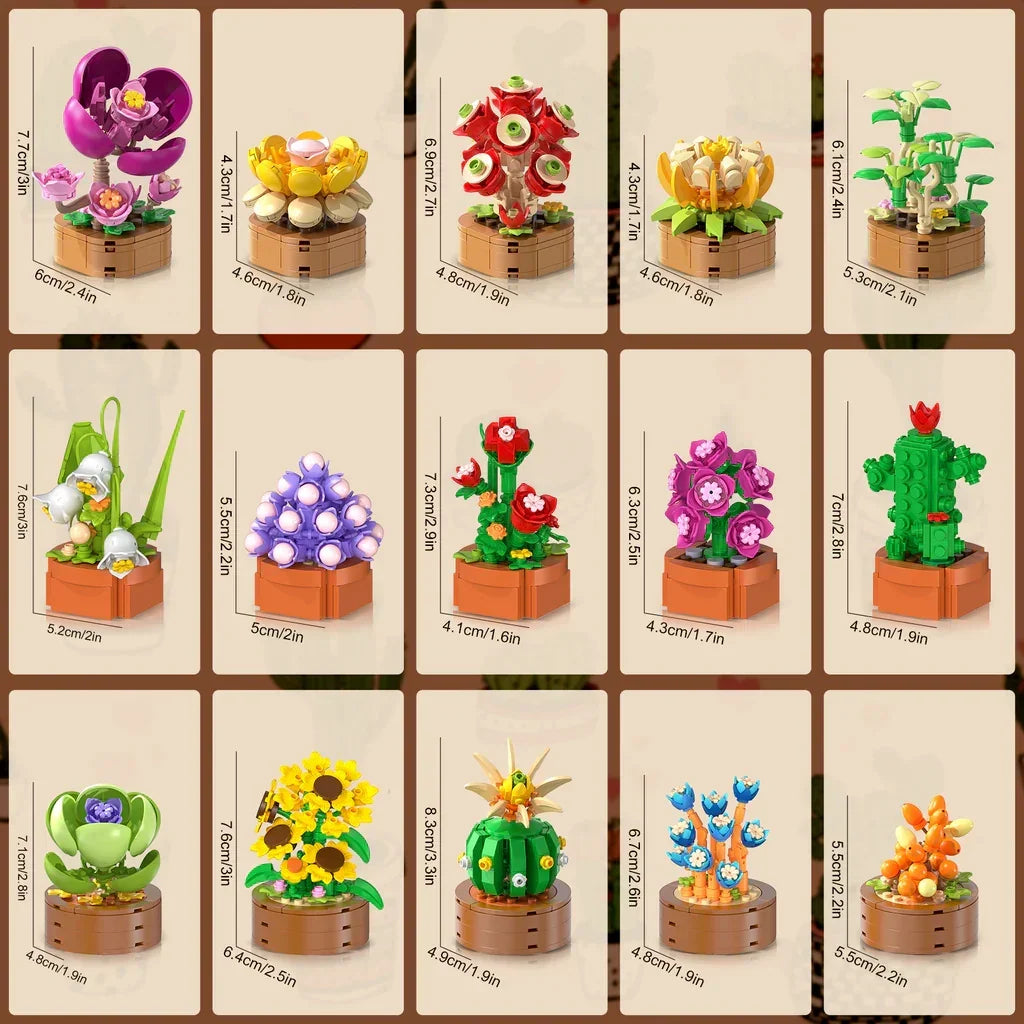 Eine Collage aus 12 verschiedenen Mini-Pflanzen-Baustein-Sets mit Abmessungen