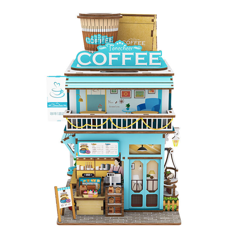 Miniatur-Kaffeehaus-Modellbausatz mit zwei Etagen und Balkon