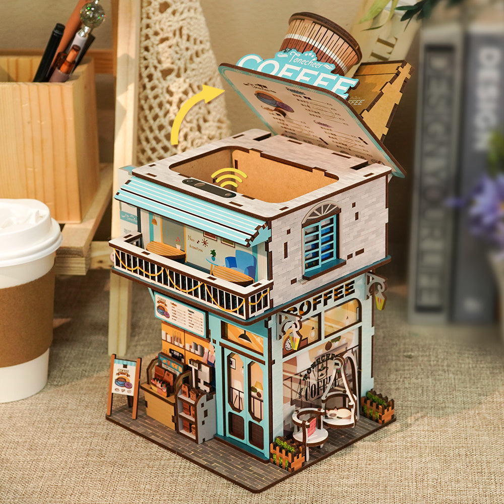 Miniatur-Kaffeehaus aus Holz mit Balkon und aufklappbarem Dach