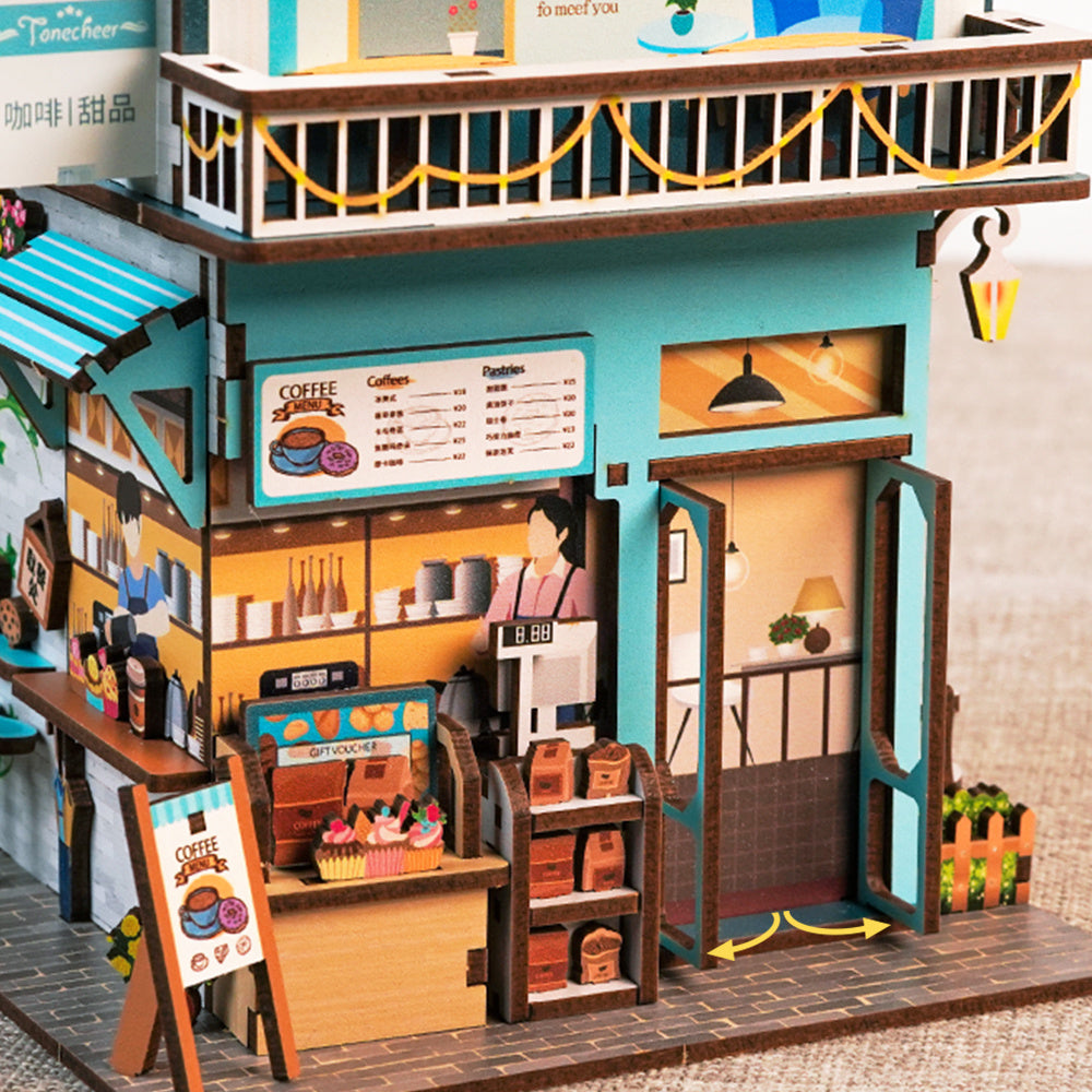 Miniatur-Kaffeehaus-Modell mit offenem Eingang und Balkon