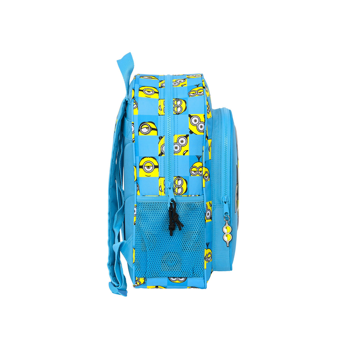 Blauer Kinderrucksack mit Minions Muster und seitlicher Netztasche