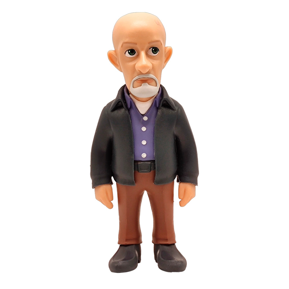 Figur eines Mannes mit Glatze, Bart, lila Hemd, schwarzer Jacke und brauner Hose