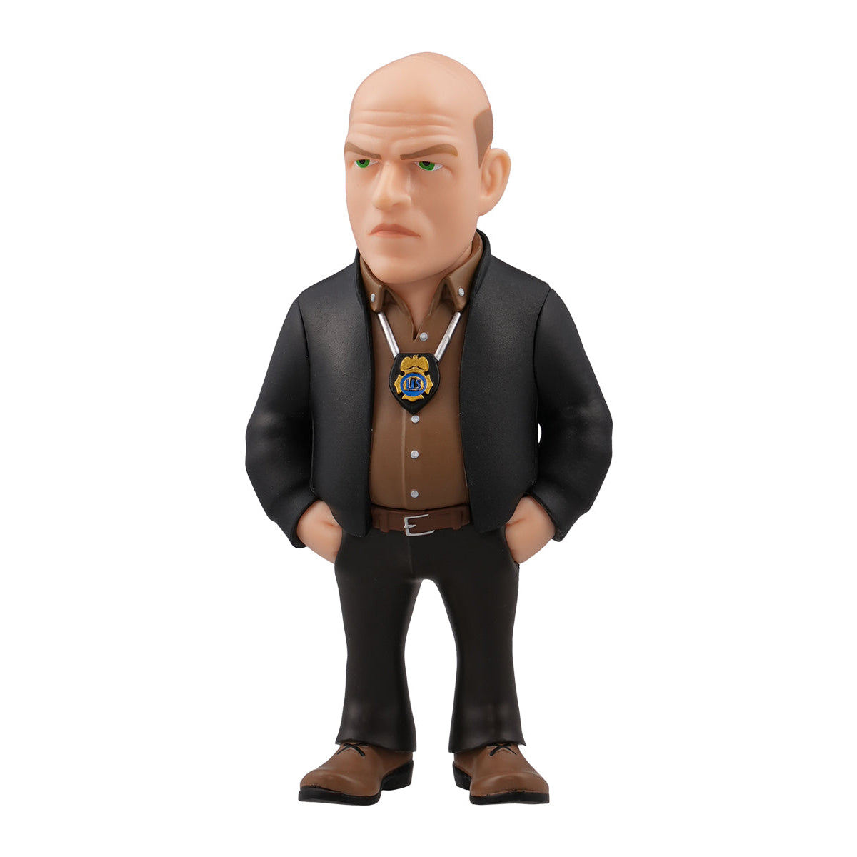 Figur eines kahlköpfigen Mannes mit braunem Hemd, schwarzer Jacke und Abzeichen