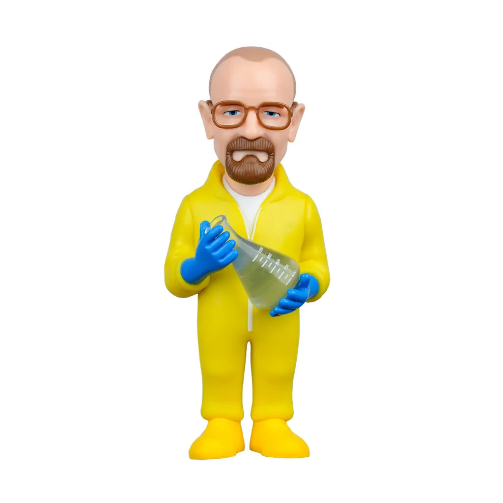 Figur von Walter White in gelbem Schutzanzug mit blauen Handschuhen, der einen Erlenmeyerkolben hält