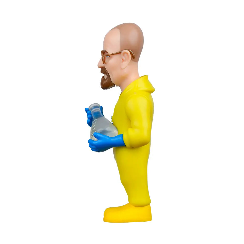 Figur eines Mannes in gelbem Schutzanzug und blauen Handschuhen, der einen Erlenmeyerkolben hält