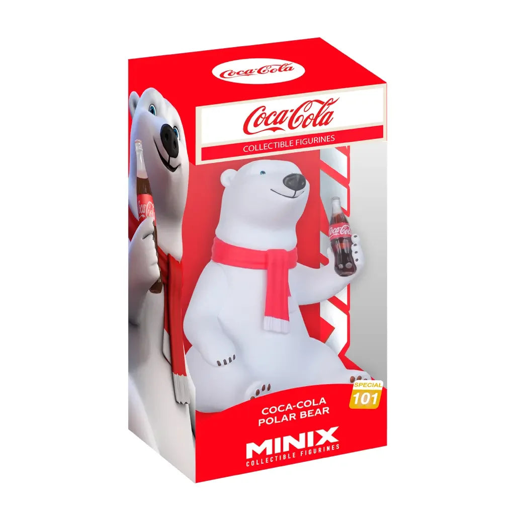 Coca-Cola Minix Sammelfigur Eisbär mit Schal und Flasche in roter Verpackung