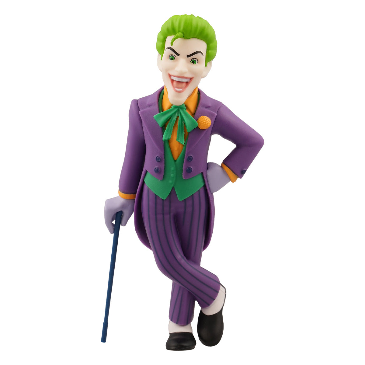 Joker Figur mit grünem Haar, lila Anzug, grüner Weste, orangefarbenem Hemd und Stock