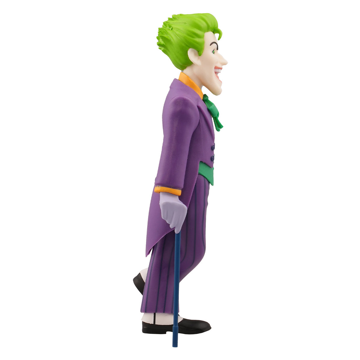 Joker Figur in lila Anzug mit grünem Haar und Gehstock